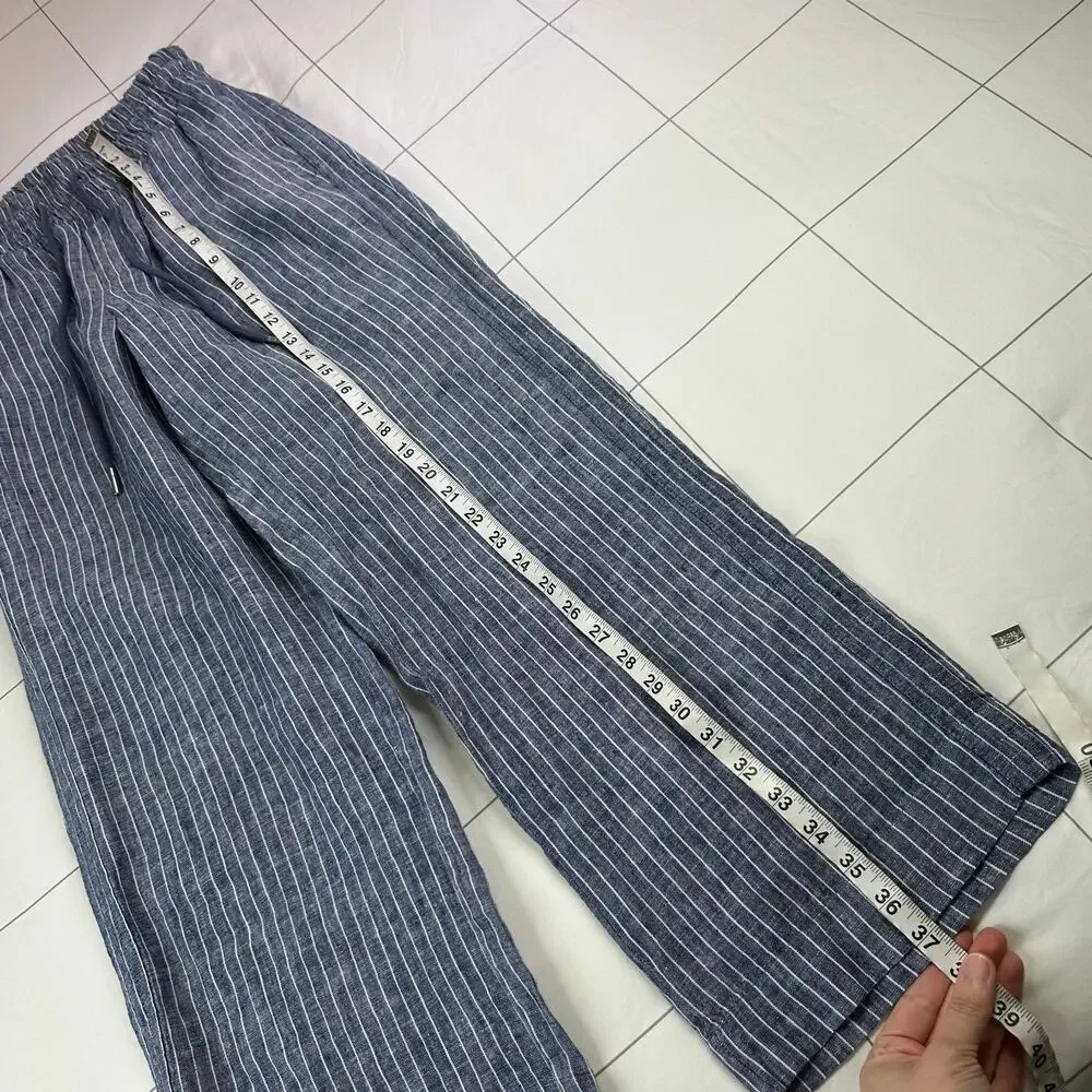 Quince Pants Womens Small Blue Chambray Stripe Wide Leg Linen Relaxed Travel